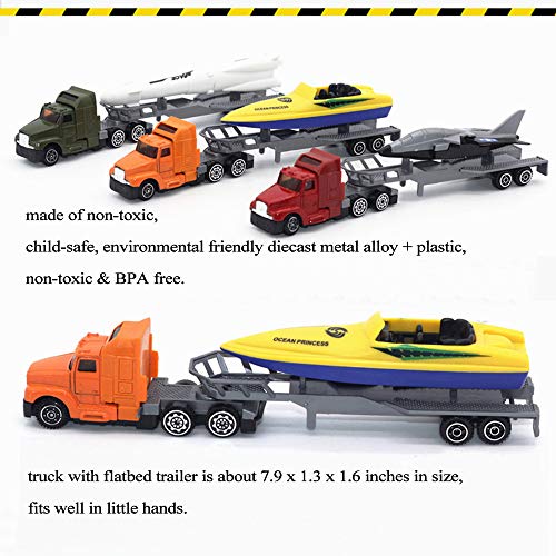 CORPER TOYS Trucks with Flatbed Tractor Trailer Playset Transport Series Die-cast Model Fight Jet Rocket Yacht Boat Carrier Vehicle - 3 Sets