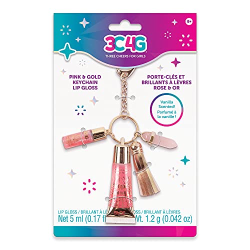 Three Cheers for Girls - Pink and Gold Keychain Lip Gloss - Lip Gloss Keychain for Girls with Two Pink Tinted, Vanilla Flavored Glosses - Attach to Backpack, Tote, or Handbag