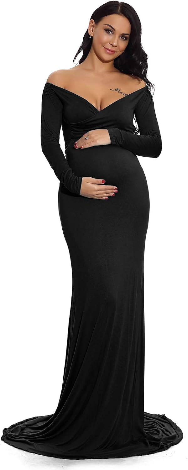 ZIUMUDY Maternity Fitted Gown V Neck Ruched Off Shoulder Long Sleeve Maxi Photography Dress at  Women’s Clothing store