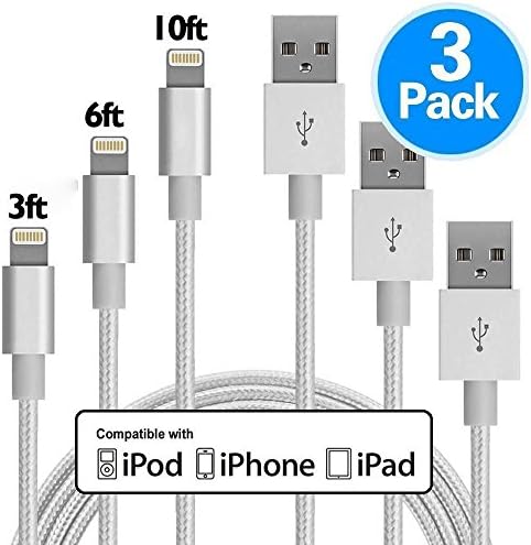 iPhone Charger 3Pack 3FT/6FT/10FT(1M/2M/3M) Nylon Braided 8 pin Charging Cables USB Charger Cord, Compatible for iPhone X/8/8 Plus/7/7 Plus/6/6 Plus/5/5S/5C/SE/iPad and iPod