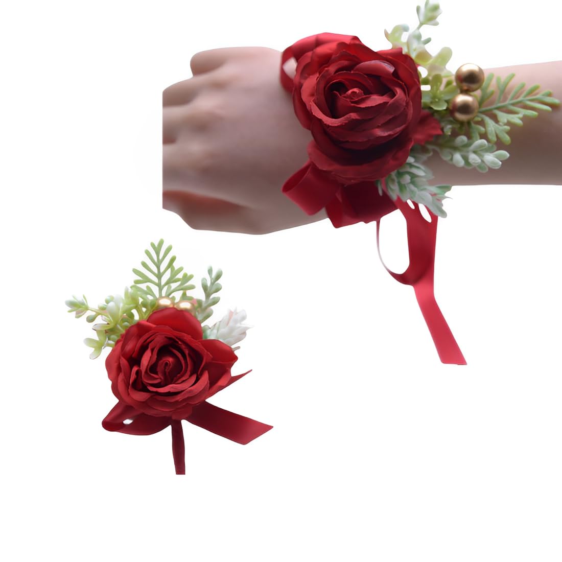 JPORSHU 2 Pieces Rose Flower Wrist Corsage Boutonniere Set，Corsage Flower Wrist Corsage and Boutonniere Set Flowers Accessories for Bridal Wedding Prom Men and Women Decoration (red)