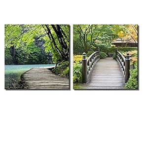 Two Piece Canvas - Bridge by a Lake Surrounded by Trees on a Japanese Garden on 2 Panels - Canvas Art Home Art - 12x12 inches