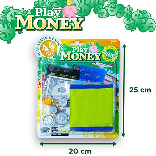 Learn & Climb Play Money Wallet Set for Kids - Bills, Coins, Wallet & Pretend Play Credit Card