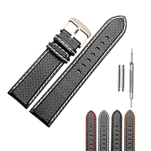 ViuiDueTure 18mm,20mm,22mm or 24mm Waterproof Carbon Leather Watch Band Black Leather Replacement Watch Strap for Men Women (22mm, White Stitches)