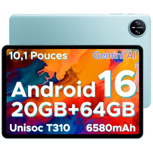 Tab A9 Android 16 Tablet 10 Inches, 20 GB RAM + 64 GB ROM (TF 2TB), Gemini AI, 6580 mAh, Unisoc T310, 1280 x 800 IPS, WiFi 5, Dual Speaker, 8MP+5MP, Bluetooth 5.0/Face ID/3.5 mm Jack, Blue