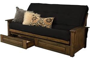 Kodiak Furniture Washington Queen Size Futon Frame with Storage Drawers - Wood Futon Frame with Mattress Included in Suede Black Color