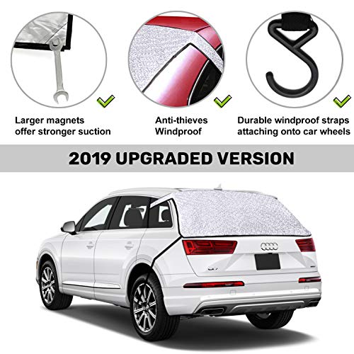 MOVINPE Car Rear Windshield Snow Cover, Rear Windscreen Ice Cover with Magnets, Flaps, Wheels Straps, Universal for Most Cars, SUV, Trucks, Vans