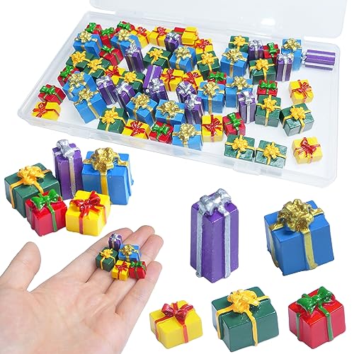 HADDIY Christmas Miniature Gift Boxes Ornaments,60 Pcs Christmas Tree Mini Resin Presents Charms for Craft Dollhouse and Xmax Mini Decorations