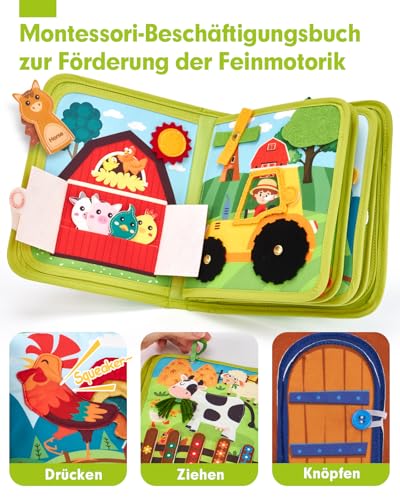 hahaland Montessori Toy from 1 Year - Farm Theme Quiet Book, 20-in-1 Busy Board Soft Felt for Early Education, Busy Book for Car Riding, Toy from 1 2 3 Years, Gift for 1 Birthday