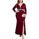 TIARALY Plus Size Formal Maxi Dress Deep V-Neck Long Sleeves Mermaid Pearl Beaded Dresses Cocktail Wedding Evening Gown