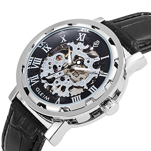 Gute Mechanical Watch,Unisex Men Women Rose Gold-Tone See-Thru Dial Hand Winding Brown Watch (Black)