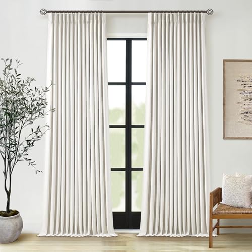TWODRAPES 102 Inches Long Pinch Pleated Linen Blackout Curtains for Bedroom | Memory Trained Shape, 100% Blackout Light Blocking Curtains, for Living Dining Room, Natural Cream Farmhouse, with Back Tab