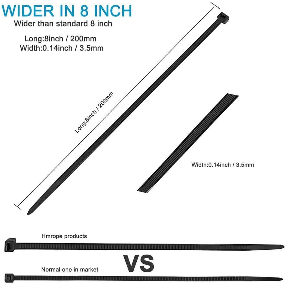 Hmrope 100pcs Cable Zip Ties Heavy Duty 8 Inch, Premium Plastic Wire Ties with 50 Pounds Tensile Strength, Self-Locking Black Nylon Tie Wraps for Indoor and Outdoor: Home Improvement