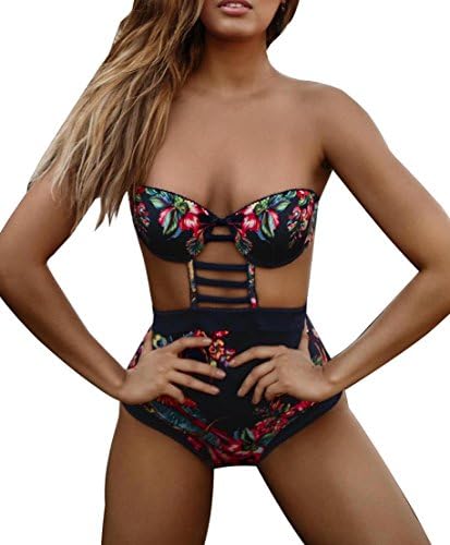 Women's One Piece Floral Printed Bikini Monokini High Waist Beachwear (US 6, Black)