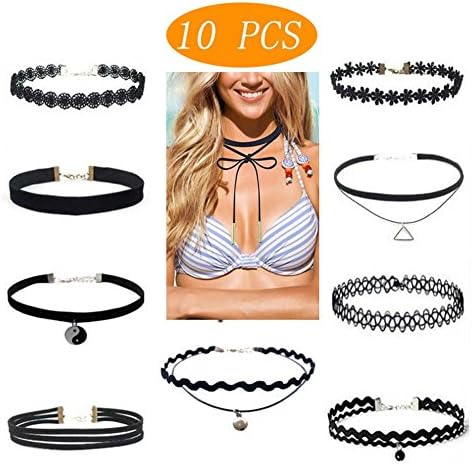 HongNi 10PCS Womens Black Velvet Choker Necklace for Women Lace Choker Tattoo Necklace (10 PCS chokers)