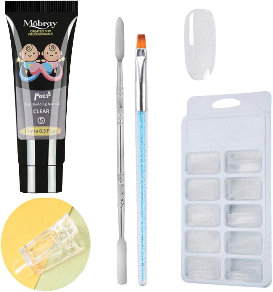 Polygel Nails Extension Gel Kit, 1PCS *15ml Poly Gel+ 100PCS Bo of Nail Molds + 1 Transparent Clip + 1PC Double-end Brush Pusher + 1PC Brush, Nail Salon Set Quick Nail Light Set with Nail Tools