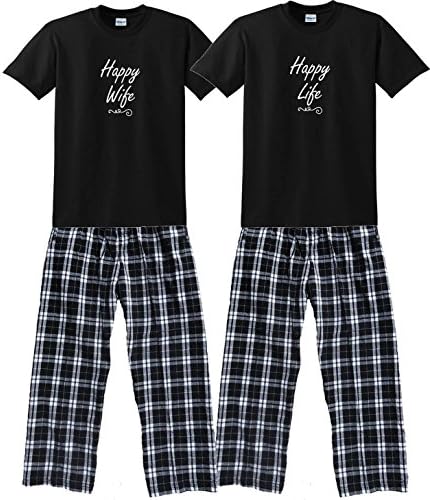 Footsteps Clothing Happy Life Black Shirt Pant Pajamas Set - Adult Medium, S/S, CBW Plaid Pants (926)