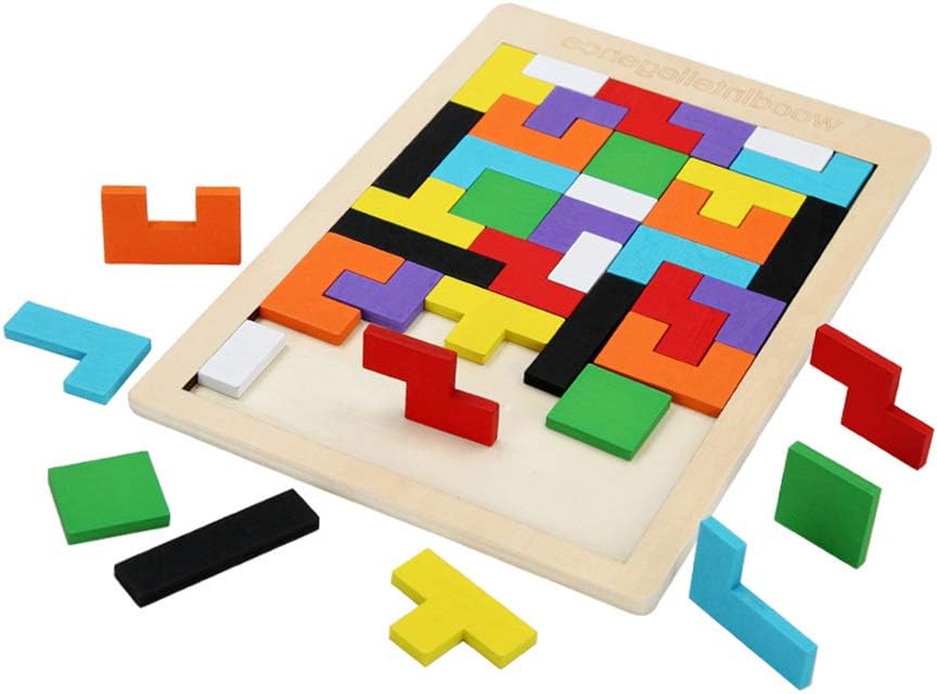 Singeru Wooden Tetris Puzzle for Toddlers Tangram Jigsaw Puzzle Brain exercise Toy Stem Toys with Colorful Russian Blocks Montessori Educational Gift for Kids