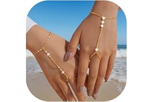 YEEZII Gold Hand Chain Bracelets for Women, 2 Pcs 14k Gold Plated Cubic Zirconia Link Chain Bracelet Set, Trendy ring bracelet hand chain Jewelry for Her