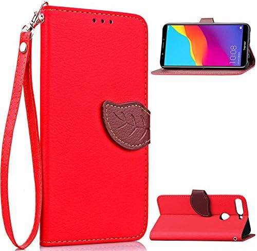 Aipyy Huawei Honor 7C Case, [Leaf Design] Ultra Slim Wallet Folio/Flip PU Leather With Stand Kickstand Card Holder Magnetic Closure and Cover Case for Huawei Honor 7C Red