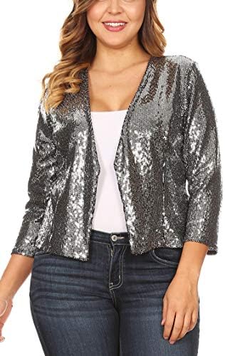 Women's Junior Plus Size Open Front Metallic Sequin Blazer Jacket Cardigan
