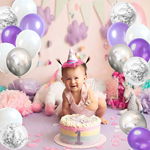 Ballon Anniversaire SKYIOL Violet Blanc Argent 30cm Hélium Métallique Confettis Ballons 10m De Ruban De Mariage Comme Enfants Fille Graduation Décoration De Fête De Douche De Bébé