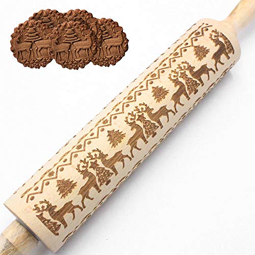 17" Christmas Wooden Rolling Pins, Embossing Thin Crust Rolling Pin with Christmas Tree Deer Pattern for Baking Kitchen Tool (elk)