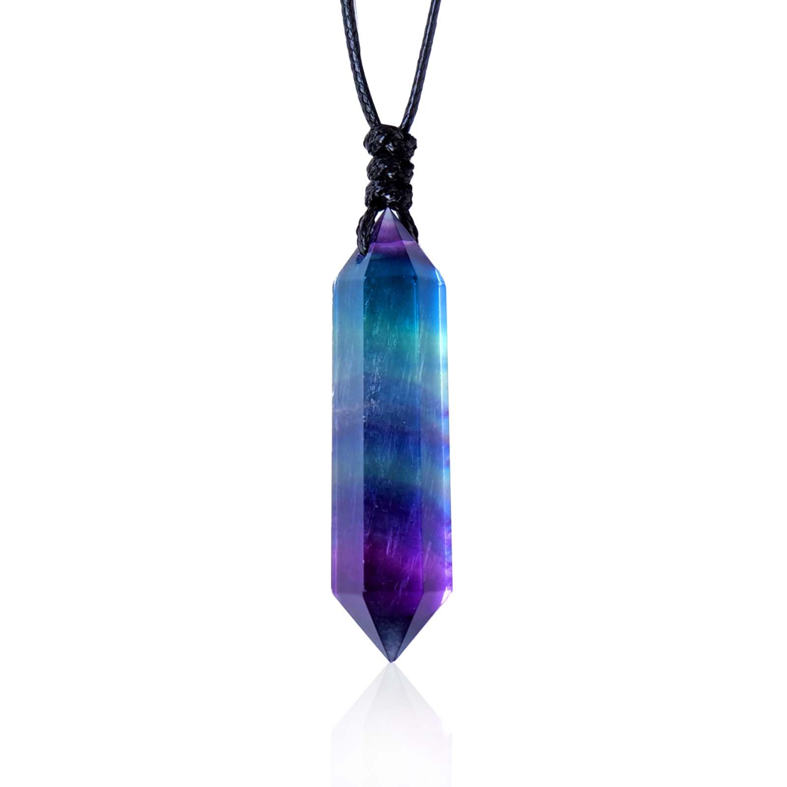 RJINGSHI Natural Colourful Fluorite Double Pointed Crystal Necklace Handmade Woven Healing Crystal Pendant Polished Gemstone Reiki Energy Stone Men and Women Necklace Gift