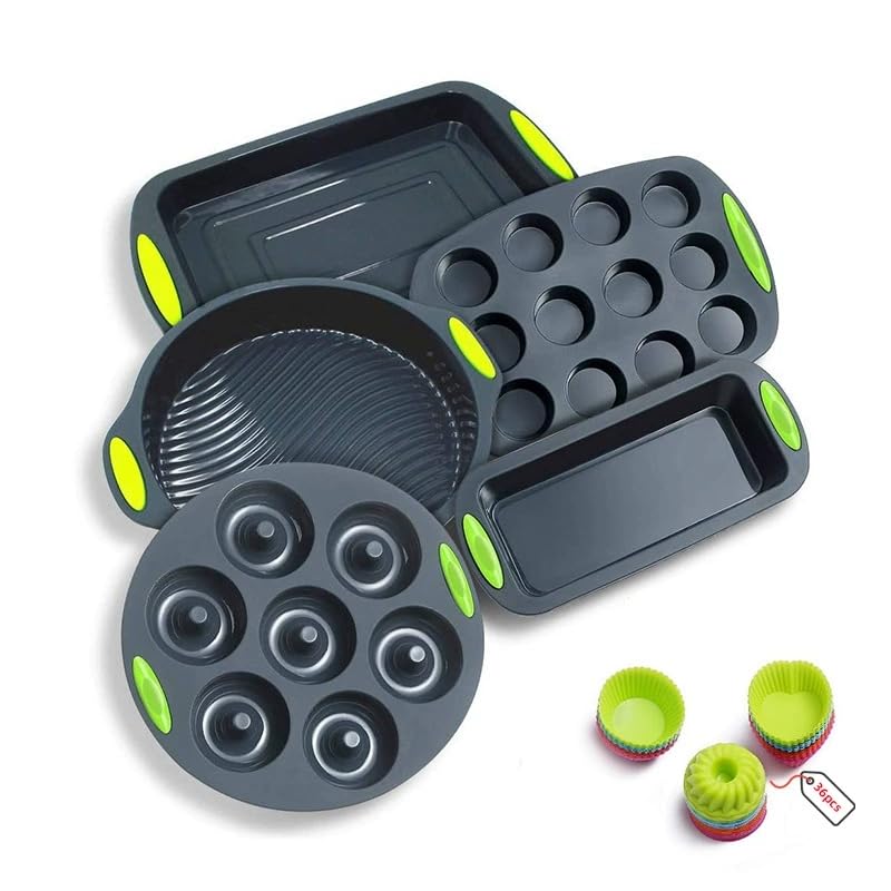 41 Pieces Silicone Baking Pan, Non-Stick Bakeware Set, Toast Loaf Pan, Round Cake Pan, Cookie Pan, Donut Pan, Muffin Pan with 36 Pack Silicone Baking Cups