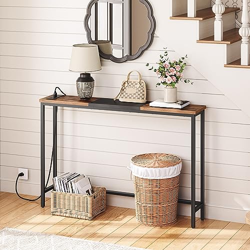 HOOBRO Narrow Console Table with Charging Station, Skinny Entryway Table for Living Room, Slim Console Table Behind Couch, Sofa Table for Hallway, Foyer, Rustic Brown and Black EBF114KXG01