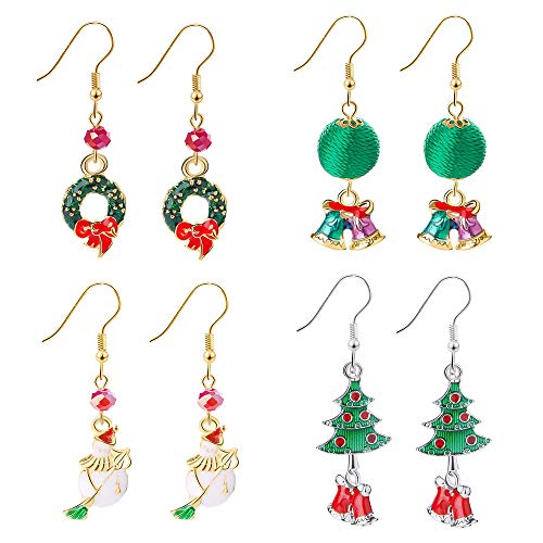 Colorful Christmas Dangle Earrings Set for Women Girls Ear Stud with Santa Wreath Deer Walking Stick Xmas Tree Hat Snowflake Jingle Bells Christmas Themed Charms (4 Pairs-B)