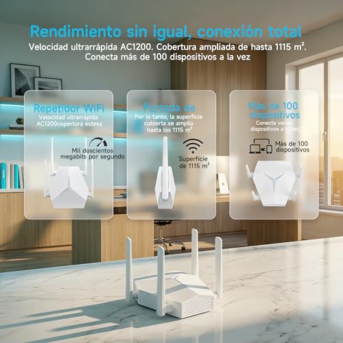 Repetidor WiFi Largo Alcance 1167Mbps, Extensor Señal Doble Banda 2.4G+5G para Casas Grandes Oficinas, Elimina Zonas Muertas