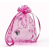 Housweety 100PCs Fuchsia Love Heart Pattern Organza Wedding Gift Bags Pouches 12x9cm