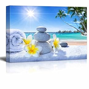 Canvas Prints Wall Art - Zen Stones with Fresh Flowers Overlooking The Tropical Ocean - 12" x 18"