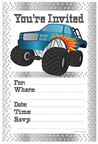 Monster Truck Birthday Party Invitations - Fill In Style (20 Count) With Envelopes by m&h invites