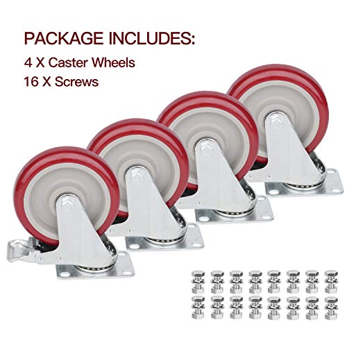SPACECARE 4 Pack 5 Inch Swivel Red Casters 1420Lbs Heavy Duty Polyurethane Wheels with Brake Safety Dual Locking No Noise Wheels Lockable Anti-wear Smooth Casters - Thumbnail 3