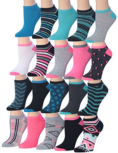 Tipi Toe Women's 20 Pairs Colorful Patterned Low Cut / No Show Socks, (sock size9-11) Fits shoe size 6-12, WL08-AB