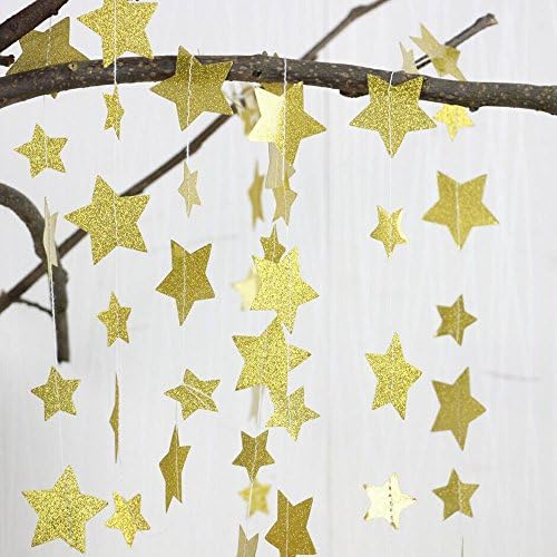DegGod Sparkling Gold Star Garland, Twinkle Little Paper Five-pointed Star Garland Banner Bunting Hanging for Party Table Wall Ceiling Decoration Supplies - Set of 2 (4 Meter each, Gold powder)