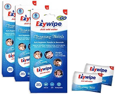 Ezywipe Compressed Cleansing Towels (m) 3 Packs Of 6 = 18 Towels 100% Rayon, Certified Biodegradable, Hypo-allergenic, Antimicrobial, Antibacterial, for Travel, Home, Personal, Pet, Baby Care and more