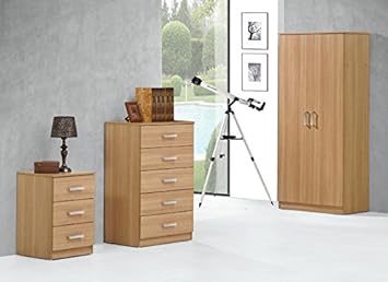 Comfy Living Stylish Oak Effect Trio Set Wardrobe 5 Drawer Chest 3