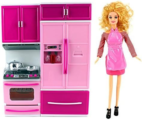 My Happy Kitchen Stove & Refrigerator Battery Operated Toy Doll Kitchen Playset w/ Toy Doll, Lights, Sounds, Perfect for Use with 11-12 Tall Dolls by Doll Playsets