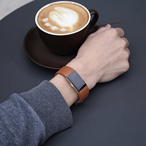 Henoda Replacement Bands Compatible with Fitbit Charge 2, Classic Genuine Leather Charge 2 Band Fitness Wristband for Women Men Small Large Matt Brown