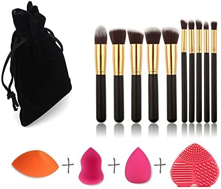 Ourhome520 Makeup Brush Set Synthetic Kabuki Foundation Face Cosmetics Foundation Blending Blush Eyeliner Face Powder Brush Makeup Brushes Kit with Blender Sponge and Brush Egg (10+3+1+1,Golden/Black