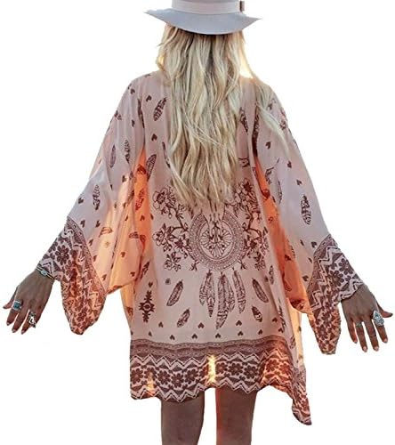 Akery Women's Beach Cover Up Tunic Chiffon Geometry Print Kimono Cardigan