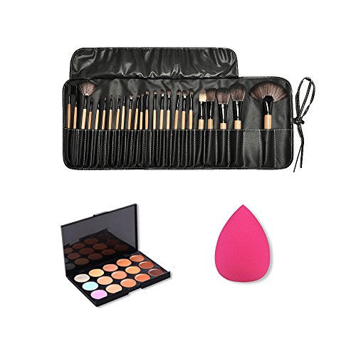 Jmkcoz 24pcs Makeup Brushes Set Cosmetic Brush Bag+ 15 Colors Concealer Palette Contour Kit + 1PC Beauty Blender Makeup Sponges Makeup Kit