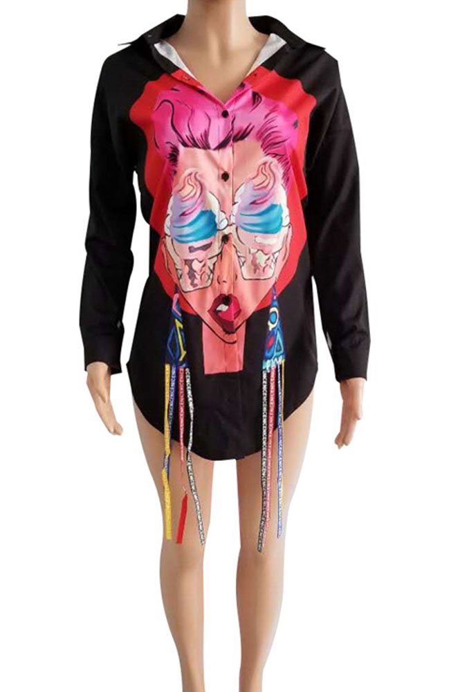 Dreamparis Womens Sexy Button Down Blouse Long Sleeve Print Tassel Shirt Dress Tunic Tops Black M