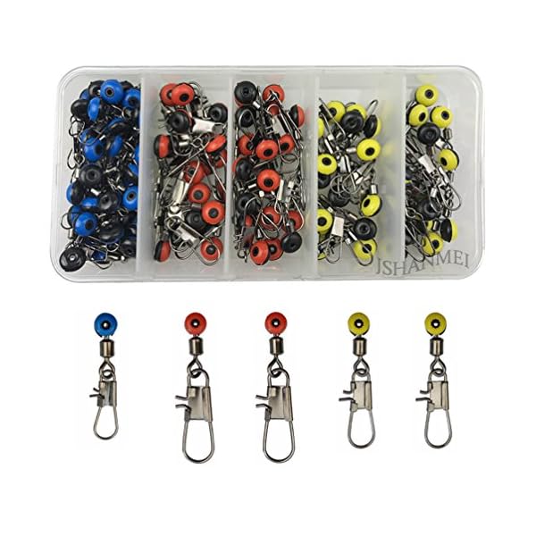 JSHANMEI-100pcsbox-Fishing-Line-Sinker-Slides-Hook-Shank-Clip-Connector-Swivels-Size-Largemediumsmall-Color-Redblueyellow-Fishing-Tackle-Swivel-Snap