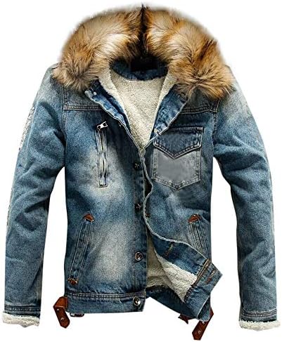 Mens Autumn Winter Denim Hooded Jacket Fur Pocket Rinsing Flick Coat Fleece Outwear Outercoats