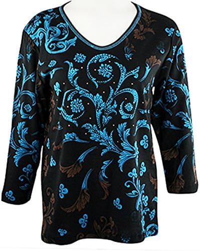 Cactus Bay Apparel Sophia, 3/4 Sleeve, Rhinestone Accents Cotton Print Top