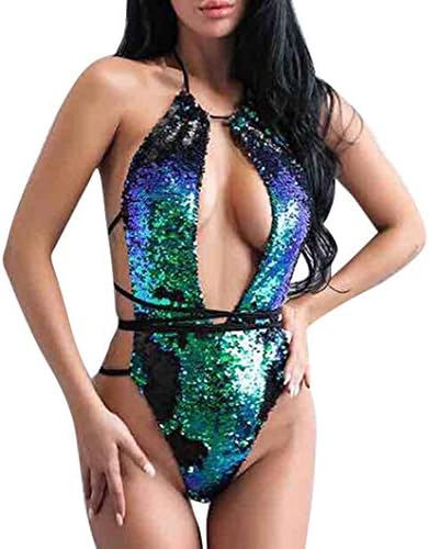 Flyrose Women's Halter One Piece Swimsuit Sequin Bandage Beach Bikini Swimwear Monokini Bathing Suit
